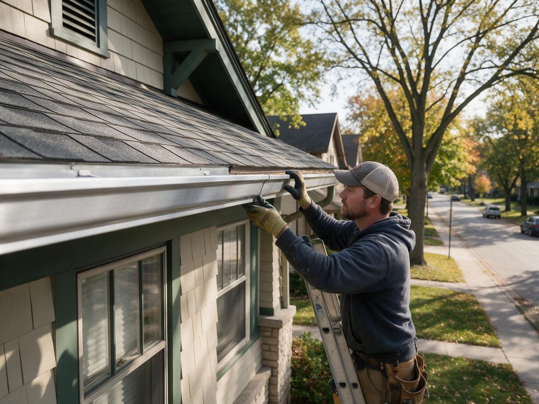 Worker on a ladder fastening a gutter along the roof edge of a green-sided house, in Iowa City, IA