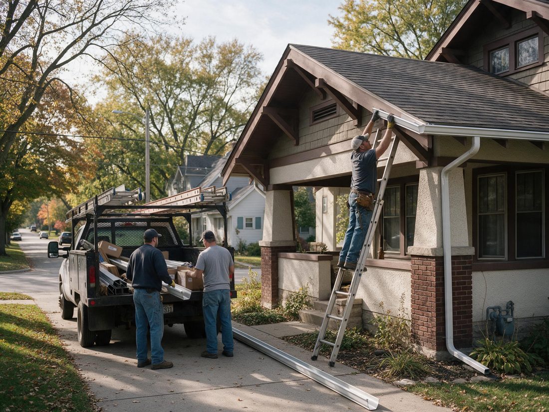 Worker on a ladder at the porch roof of a brick craftsman house while two men stand by a pickup truck with gutter pieces, in Iowa City, IA